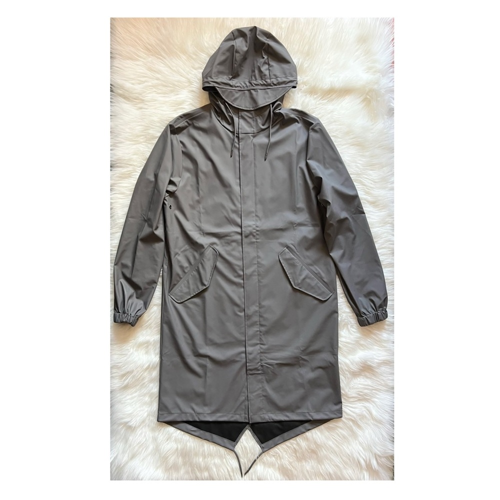 New! RAINS Fishtail Drawstring Hood Coated Parka - Picture 6 of 12